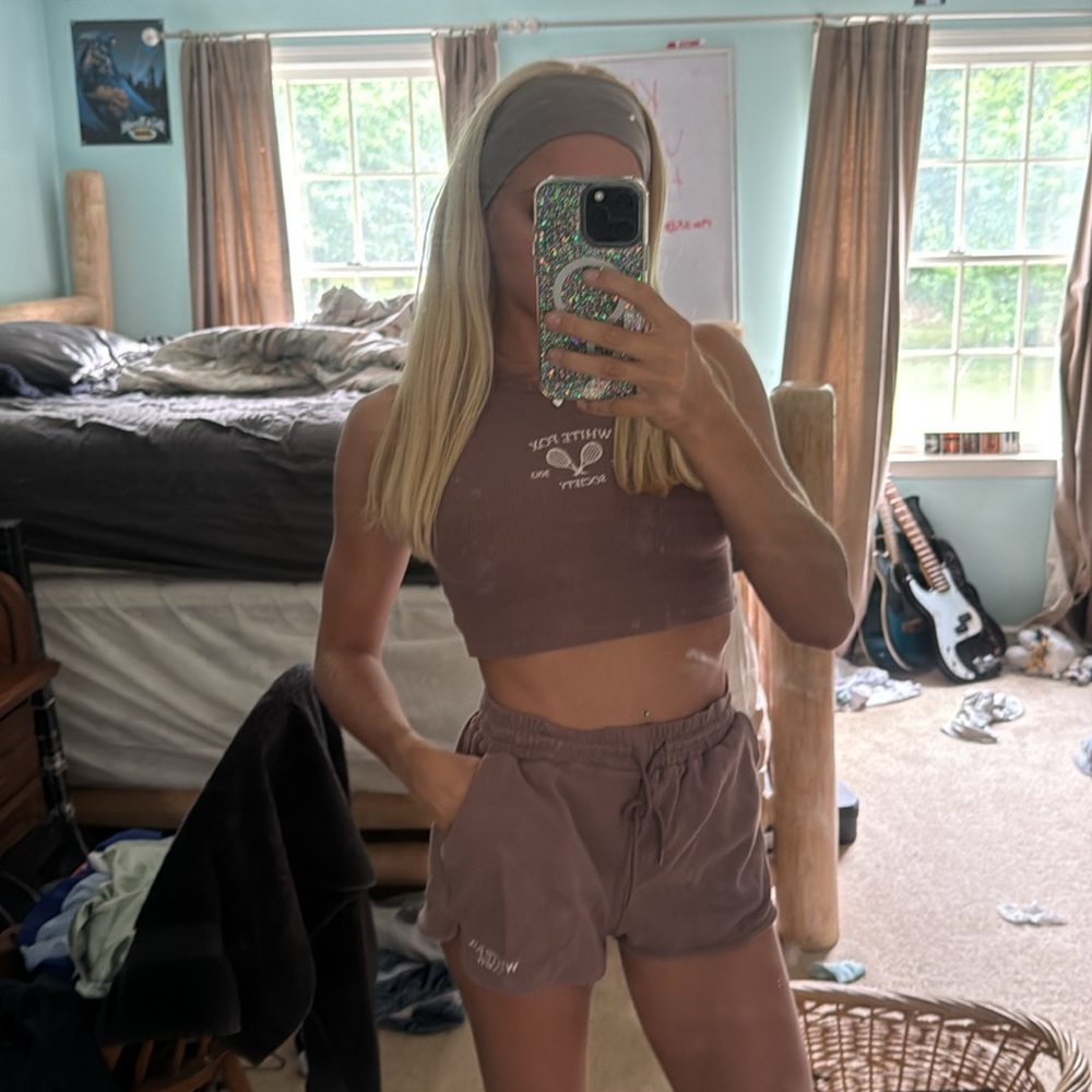 White Fox Boutique Mauve Ribbed Crop Tank and Drawstring Shorts Set
